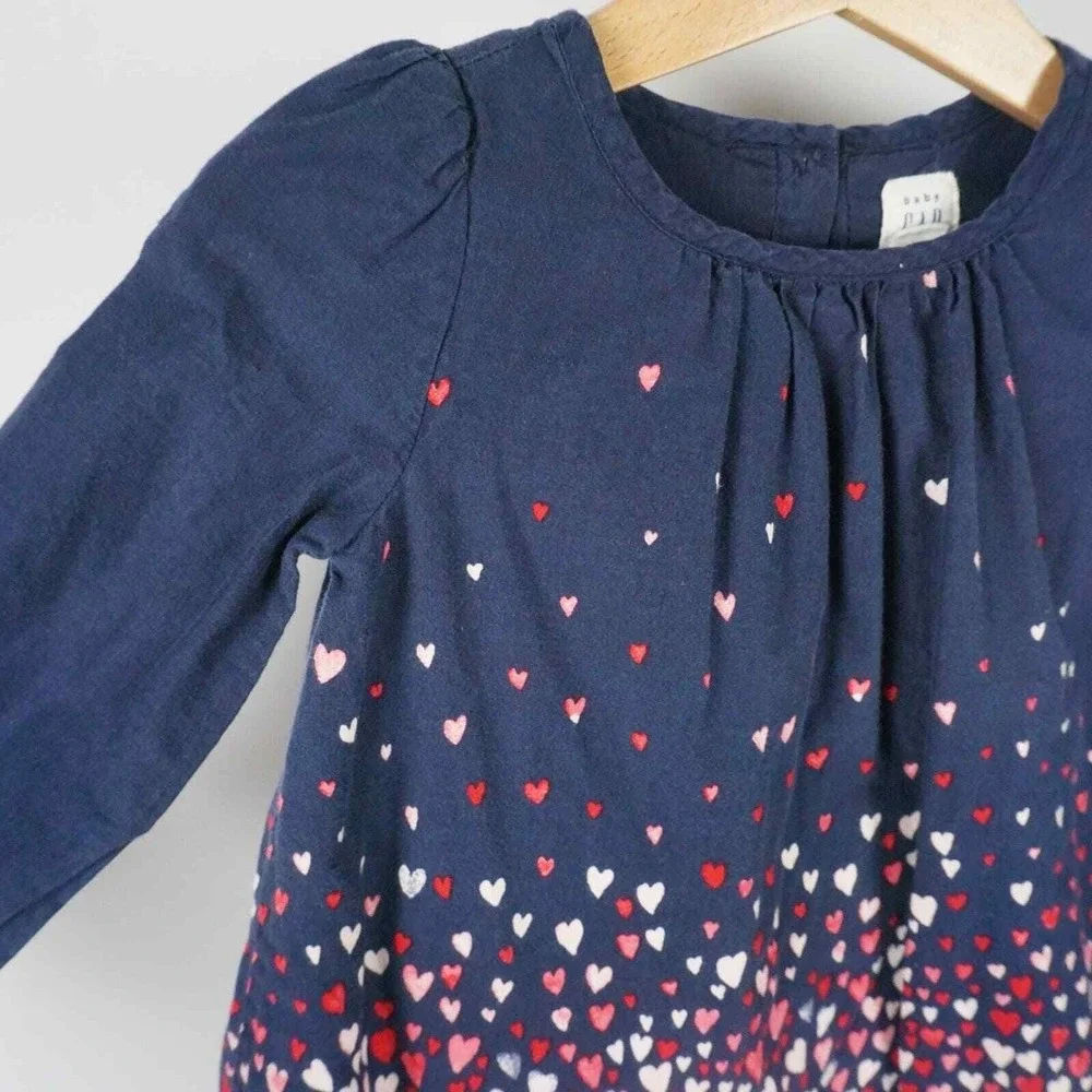 Baby‎ GAP Heart Print Dress Kids 12-18 Months Navy Blue Long Sleeve Cotton